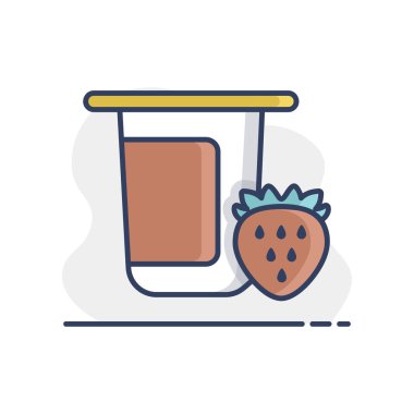Yoğurt kabı, aromalı çilek vektör ikonlu plastik kap. Süt ürünleri tabelası. Yemek pişirme web sitesi ve uygulama tasarımı, logo, uygulama, UI için grafik sembolü