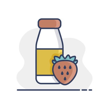 Çilek ikonlu, içilebilir yoğurt şişesi. Süt ürünleri tabelası. Yemek pişirme web sitesi ve uygulama tasarımı, logo, uygulama, UI için grafik sembolü