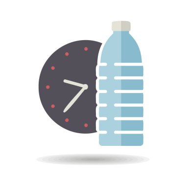 Su vektörü ikonu içme zamanı. Su şişesinde saat işareti var. Fitness ve kilo kaybı web sitesi için grafik sembolü ve uygulama tasarımı, logo, uygulama, UI