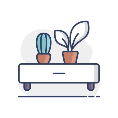 İki saksı bitkisi ikonu olan ahşap bir raf. Mobilya, web sitesi ve uygulama tasarımı için grafik sembolü, logo, uygulama, UI