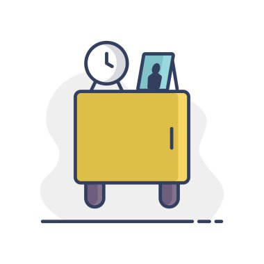 Ahşap komodin ve saat alarm vektör simgesi. Mobilya, web sitesi ve uygulama tasarımı için grafik sembolü, logo, uygulama, UI