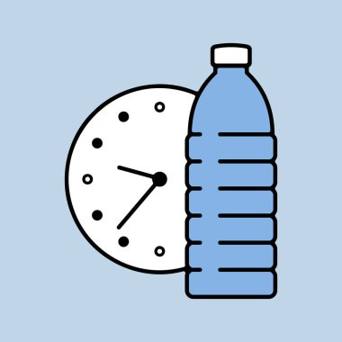 Su vektörü ikonu içme zamanı. Su şişesinde saat işareti var. Fitness ve kilo kaybı web sitesi için grafik sembolü ve uygulama tasarımı, logo, uygulama, UI