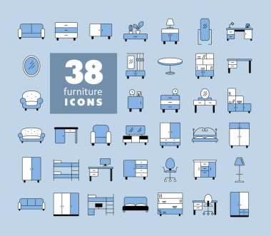 Mobilya vektör simgesinin basit bir kümesi. Mobilya, web sitesi ve uygulama tasarımı için grafik sembolü, logo, uygulama, UI