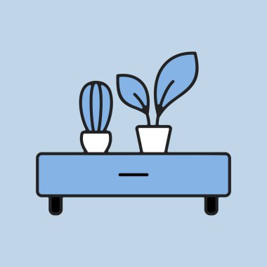 İki saksı bitkisi ikonu olan ahşap bir raf. Mobilya, web sitesi ve uygulama tasarımı için grafik sembolü, logo, uygulama, UI