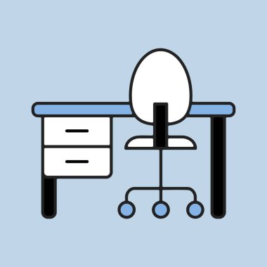 Kaster sandalyesi ve kaide çekmecesi vektör ikonu olan ev ya da ofis masası. Mobilya, web sitesi ve uygulama tasarımı için grafik sembolü, logo, uygulama, UI