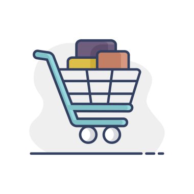 Kutuları düz ikonlu alışveriş arabası. E-ticaret tabelası. Web sitenizin tasarımı için grafik sembolü, logo, uygulama, UI. Vektör illüstrasyonu, EPS10.