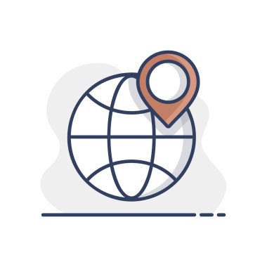 Dünya gezegeni ve konum belirleyicisi vektör ikonunda. Uluslararası teslimat. E-ticaret tabelası. Web sitenizin tasarımı için grafik sembolü, logo, uygulama, UI