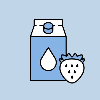 Çilek vektör ikonlu bir karton süt. Süt ürünleri tabelası. Yemek pişirme web sitesi ve uygulama tasarımı, logo, uygulama, UI için grafik sembolü