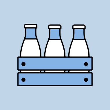 Süt ahşap kutu. Süt şişeleri sandık vektör simgesi. Süt ürünleri tabelası. Yemek pişirme web sitesi ve uygulama tasarımı, logo, uygulama, UI için grafik sembolü