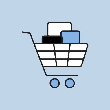 Kutuları düz ikonlu alışveriş arabası. E-ticaret tabelası. Web sitenizin tasarımı için grafik sembolü, logo, uygulama, UI. Vektör illüstrasyonu, EPS10.