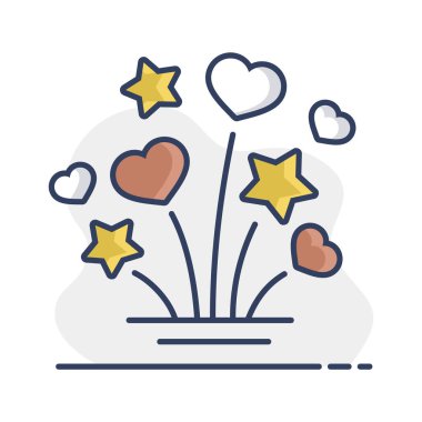 Fireworks explosion splash with stars and hearts isolated icon. Vector illustration, romance elements. Sticker, patch, badge, card for marriage, valentine