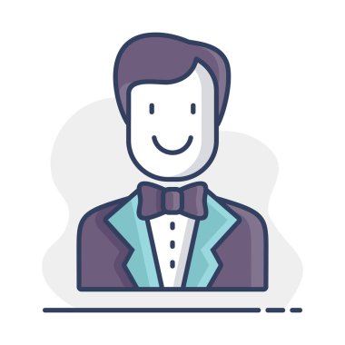 Groom, bridegroom, fiance man in costume isolated icon. Vector illustration, romance elements. Sticker, patch, badge, card for marriage, valentine