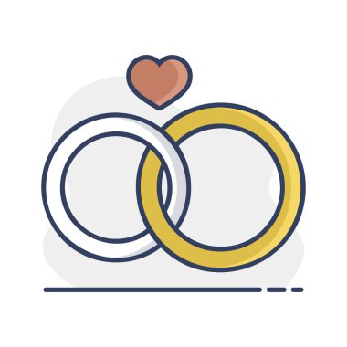 Wedding rings with a heart isolated icon. Vector illustration, romance elements. Sticker, patch, badge, card for marriage, valentine