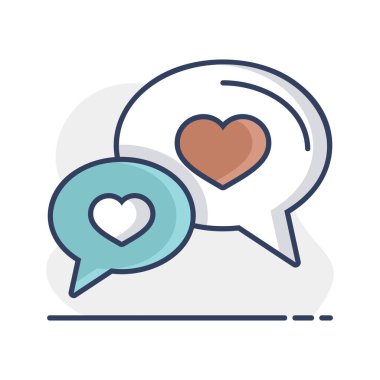 Konuşma balonları ile kalp simgesi. Sevgililer günü sembolü. Vektör çizim, romantizm unsurları. Etiket, yama, rozet, kart için evlilik, düğün