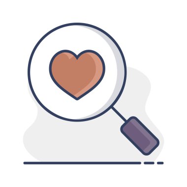 Kalp arama simgesi. Sevgililer günü sembolü. Vektör çizim, romantizm unsurları. Etiket, yama, rozet, kart için evlilik, düğün