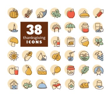 Şükran Günü ve sonbahar tatilleri için geniş bir koleksiyon. Set, web, mobil ve yazdırma tasarımları için mükemmel olan çeşitli geleneksel sembolleri içerir..
