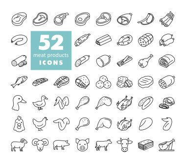 A large set of simple black and white line art vector icons representing various meat, poultry, and fish products, cuts, and animals.