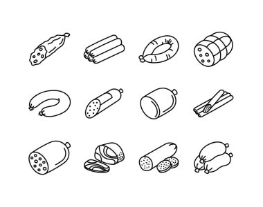 Çeşitli sosisleri ve pişirilmiş etleri gösteren basit sanat simgeleri koleksiyonu, menüler ve kasap dükkanları için harika..