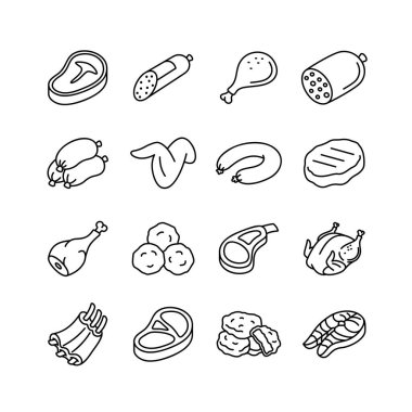 Çiğ etler, pişirilmiş sosisler, biftekler, kümes hayvanları ve balıkların yer aldığı basit sanat simgelerinin kapsamlı bir koleksiyonu, kasap dükkanları veya menüler için ideal.