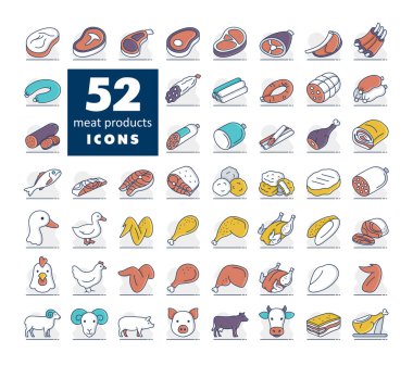 Çeşitli et ve kümes hayvanları, balık ve çiftlik hayvanlarını temsil eden 52 minimalist düz çizgi resim ikonundan oluşan geniş bir koleksiyon. Yemek ve kasap dükkanları için uygun..