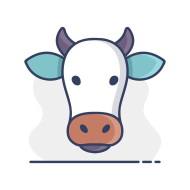 Neşeli bir ineğin minimalist düz çizgili sanat tasviri. Çiftlik, süt ürünleri, sığır eti veya maskot tasarım projeleri ve logolar için ideal.
