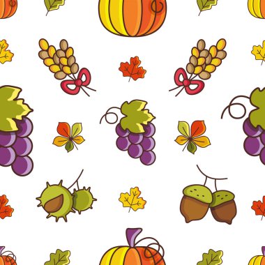 Üzüm, balkabağı ve buğday demetlerinin parlak vektör çizimi dekoratif, tekrarlanabilir bir hasat deseni oluşturuyor. Mevsimlik arkaplan ve ambalaj için harika.