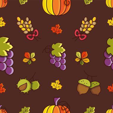 Koyu kahverengi arka planda kabak ve hasat elementlerinin renkli düz çizimi. Paketleme veya tekstil baskısı için rahat, pürüzsüz bir kalıp oluşturur.
