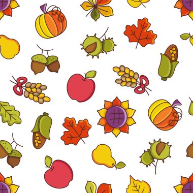 Balkabakları, meyveler, fındıklar ve mısırla canlı düz çizimler yoğun, dekoratif ve tekrarlanabilir bir hasat ortamı yaratıyor. Tekstil baskısı ve ambalaj kağıdı için ideal.