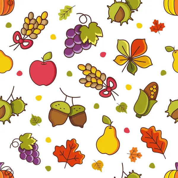 Mısırlı, meyveli, fındıklı ve yapraklı canlı düz çizimler zengin, dekoratif ve pürüzsüz bir arkaplan oluşturuyor. Şükran Günü ve mevsimlik projeler için ideal..