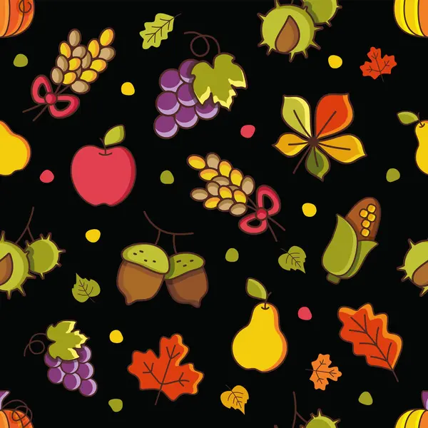 Derin siyah bir arka planda meyveler, fındıklar ve mısırın canlı düz çizimi. Yazdırma ve kumaş tasarımı için dramatik ve tekrarlayan bir sonbahar deseni oluşturur.