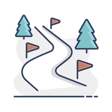 Kayak rotası vektörü izole edilmiş simge. Kış işareti. Seyahat ve turizm web sitesi ve uygulama tasarımı, logo, uygulama, UI için grafik sembolü