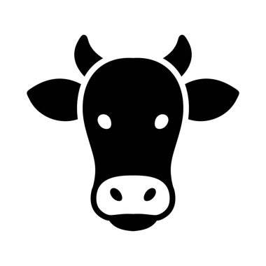 Küçük boynuzları olan bir ineğin ya da boğanın siyah sembolü. Sığır eti ambalajı, tarım markası veya süt ürünleri etiketleri için minimal düz tasarım ideali.