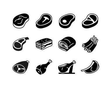 Farklı et, biftek, pirzola ve bacaklar da dahil olmak üzere 12 farklı siyah glyph simgesi koleksiyonu. Kasap dükkanı reklamları, restoran menüleri veya yemek blogları için düz asgari vektör sanatı.
