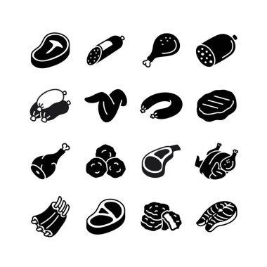 Biftek, sosis, kümes hayvanı ve balık da dahil olmak üzere çeşitli işlenmemiş et ürünleri. Restoran menüleri, marketler ya da kasap dükkanları için düz asgari vektör sanatı.
