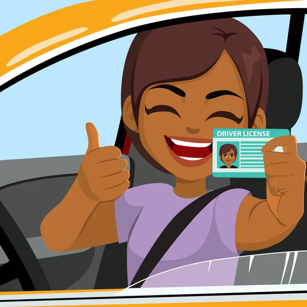 Χαμογελαστή Έφηβη Που Κρατάει Δίπλωμα Οδήγησης Στο Πρώτο Της Ολοκαίνουργιο — Διανυσματικό Αρχείο