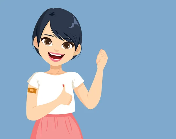 Vector Illustration Smiling Woman Showing Vaccinated Arm Positive Gesture Fist —  Vetores de Stock