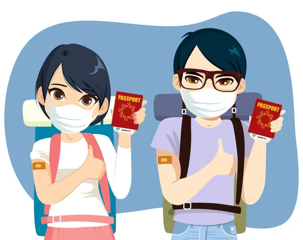 Vector Illustration Chinese Couple Being Vaccinated Covid Show Vaccination Certificate Gráficos De Vetores