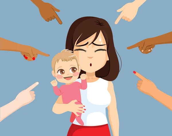 Vector Illustration Society Blaming Judging New Mom Baby Woman Holding Ilustrações De Stock Royalty-Free