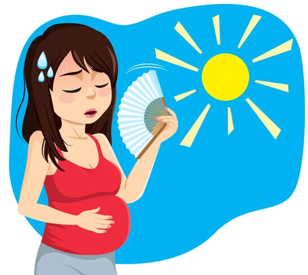 Unwell Young Pregnant Woman Street Suffer Heatstroke Using Hand Fan — Vector de stock