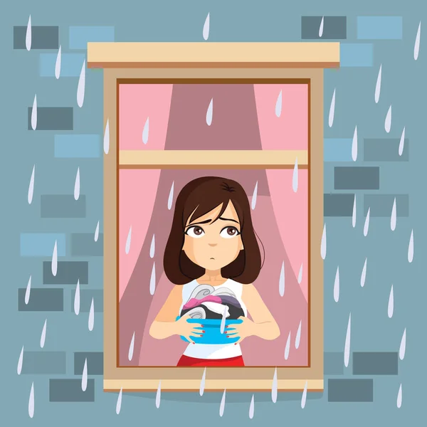 Vector Illustration Sad Housewife Looking Window Rainy Day She Cannot — Stockvector