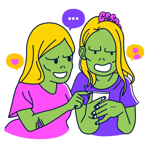 两个僵尸女友聊天和使用智能手机 女性核查社交媒体流言的概念 — 图库矢量图片
