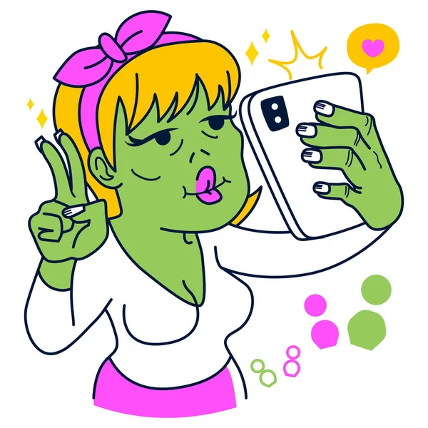 Mujer Haciendo Selfie Con Smartphone Zombie Persona Sugiriendo Internet Adicción — Archivo Imágenes Vectoriales