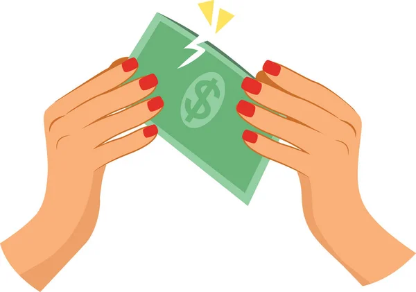 緑のドル紙幣の銀行を壊す女性の手のベクトルイラスト 金融危機の概念 破損した銀行券を保持する手 — ストックベクタ
