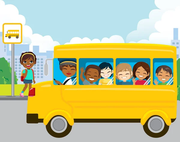 Sarı Okul Otobüsüne Binen Genç Kızın Vektör Çizimi Okul Çizimine — Stok Vektör