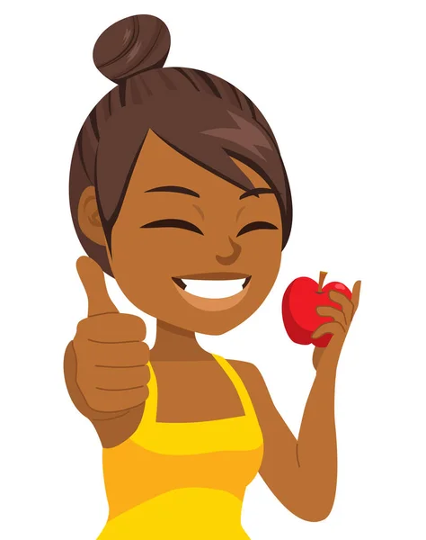 赤いリンゴのジェスチャー親指を食べる女の子のベクトルイラスト おいしいフルーツの健康的な食事の概念を保持する女性の人 — ストックベクタ
