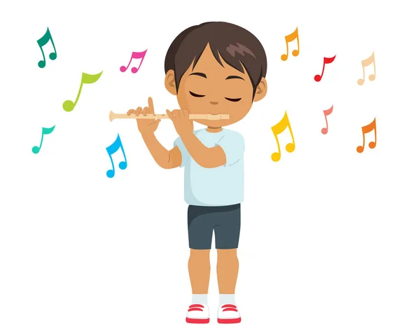Cute Little Boy Playing Flute Kid Learning How Use Instrument — Stock Vector