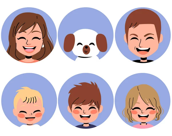 矢量插画阿凡达设置了六个成员的家庭 在圆形图标上的母亲 婴儿和狗 — 图库矢量图片