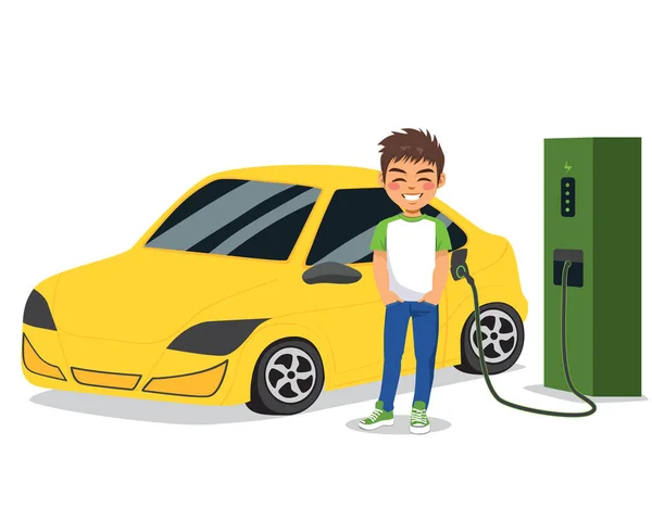 Elektrikli Araba Kabloyla Şarj Olurken Bekleyen Genç Adamın Vektör Çizimi — Stok Vektör