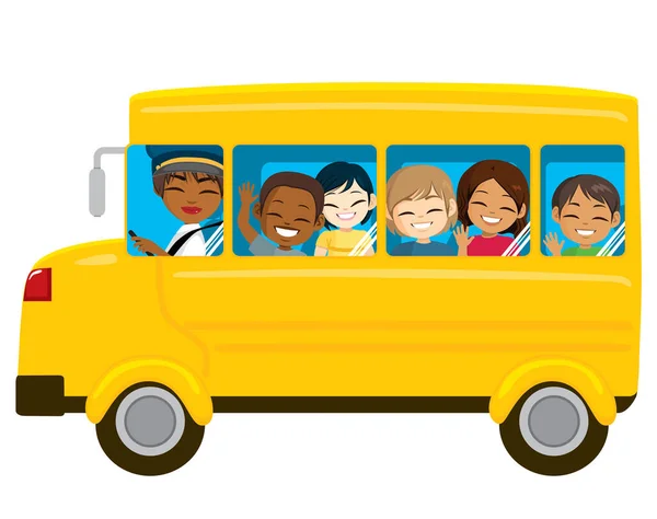 スクールバスに乗るのベクトルイラスト 黄色の輸送中の子供たち — ストックベクタ