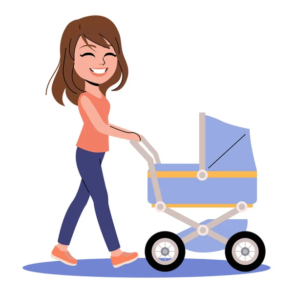 ベクトルイラストは赤ちゃんのベビーカーで歩くカジュアルな服装で幸せな女性の 近代的な子育て — ストックベクタ